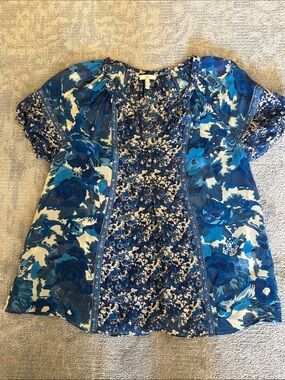 Joie Silk Blue Floral Mixed-Pattern Short Sleeve Blouse